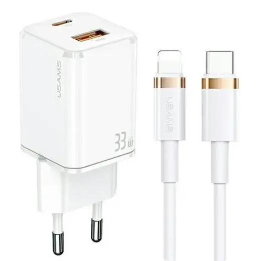 USAMS T43 tīkla lādētājs | 33W | PD, QC | USB-C, USB-A, Lightning | ar USB-C uz Lightning vadu komplektā | balts