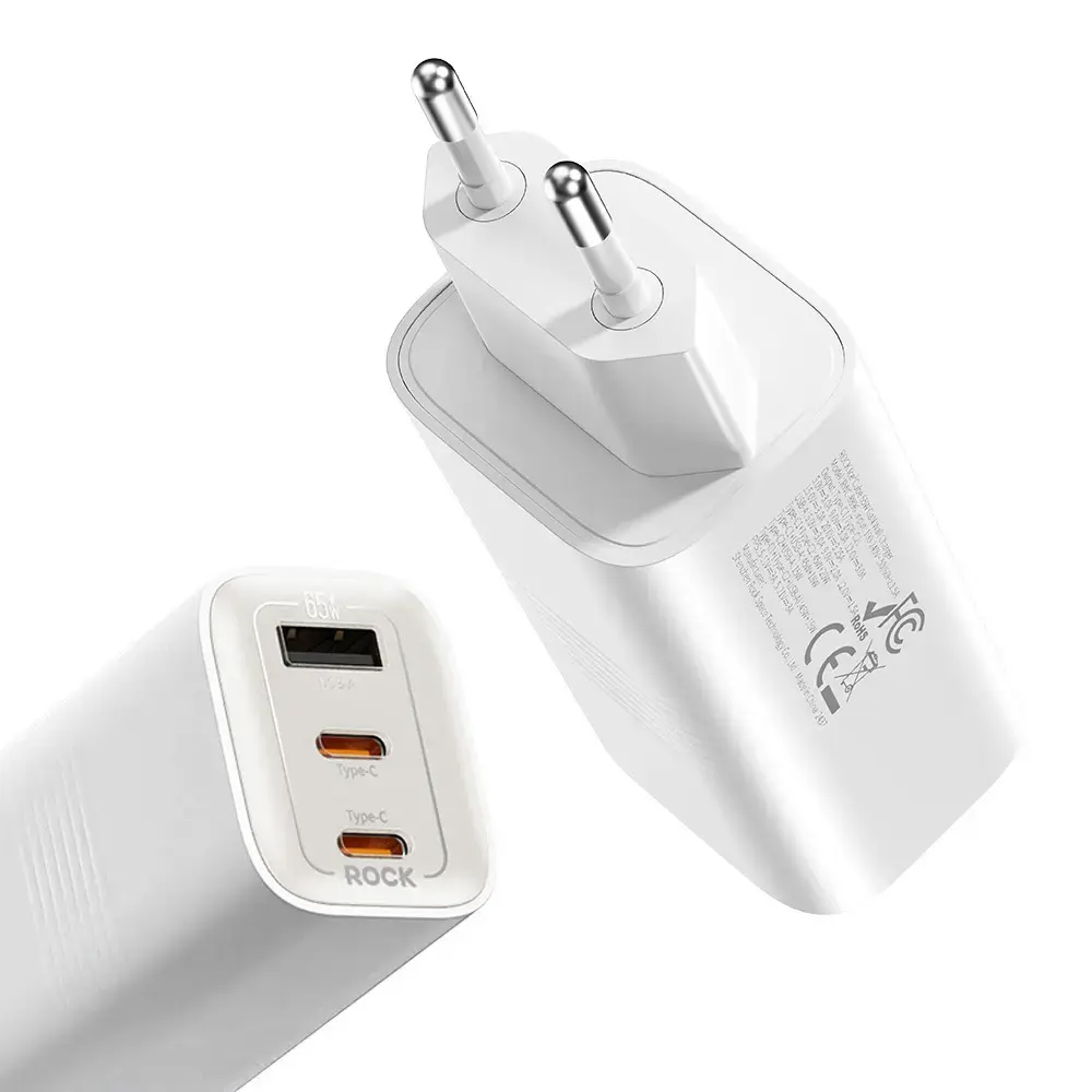 Rock Ice2Cube tīkla lādētājs | 65W | PD, QC, GaN | USB-A, USB-C | balts