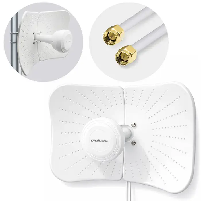 Qoltec 4G 5G LTE Parabolic Antenna | 2x19dBi | directional | external | 1710–2700 MHz | 3300–4200 MHz | N Female | waterproof | 5m