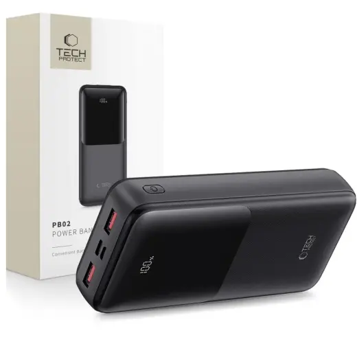 Tech-Protect PB02 ārējais akumulators (powerbank) | 20000 mAh | 22.5W | USB-A, USB-C, Micro USB | LED ekrāns | melns