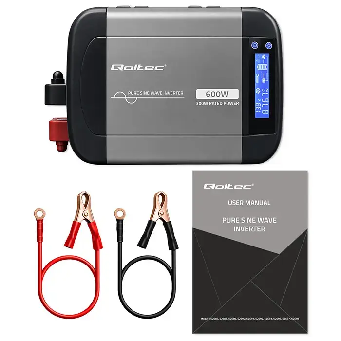 Qoltec Pure Sine Wave Inverter | 12V to 230V | 300/600W | LCD | USB | USC-C | Compatible with LiFePO4 GEL AGM