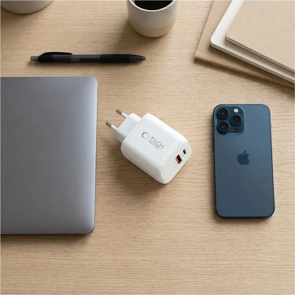 Tech-Protect NCA65W-GAN tīkla lādētājs | 65W | PD, QC, GaN | USB-C, USB-A | balts