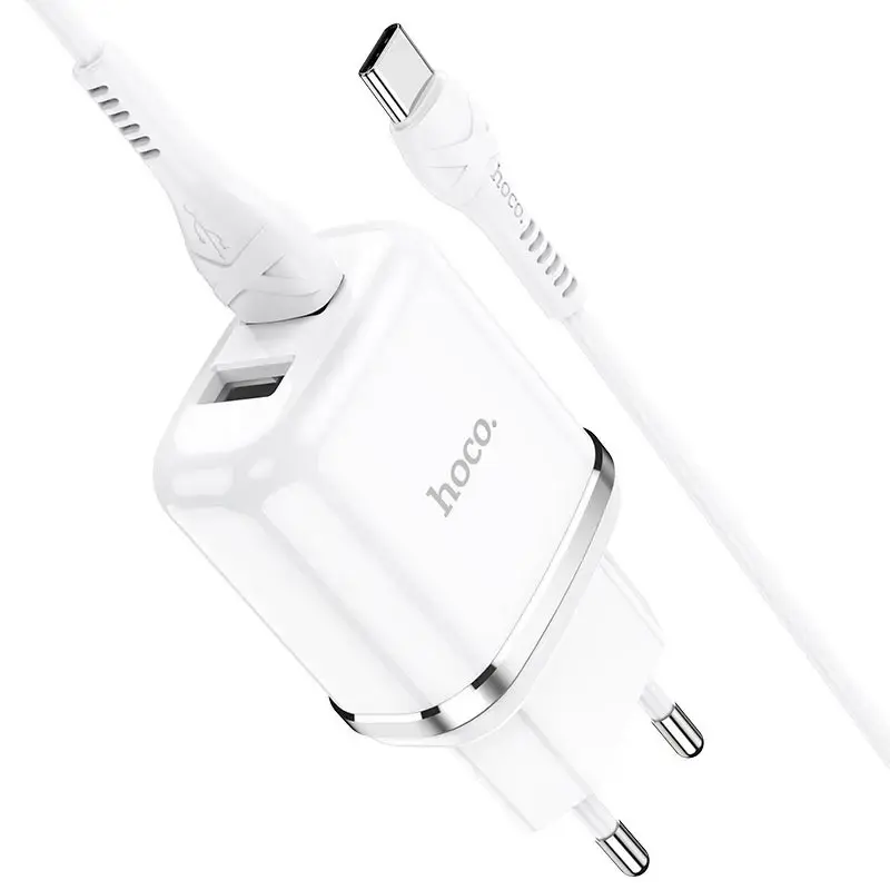 Hoco N4 universal travel charger 2 x USB | 5V | 2.4A + USB-C cable 1M white