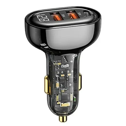 USAMS CC158CC01 US-CC158 automašīnas lādētājs | 125W | nav tehnoloģiju | USB-C, USB-A | kabelis nav iekļauts | caurspīdīgi melns