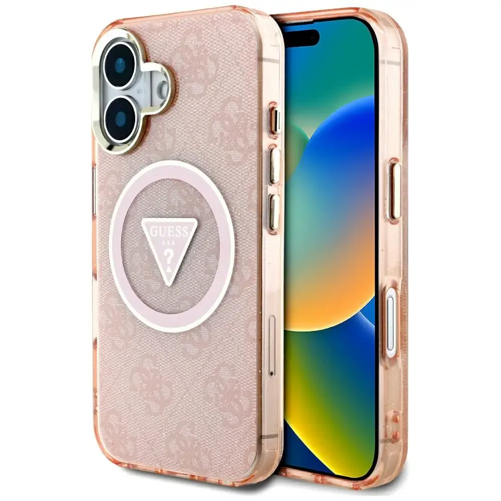 Guess IML Metal Glitter 4G Circle Triangle telefona maciņš priekš iPhone 16 rozā ar MagSafe