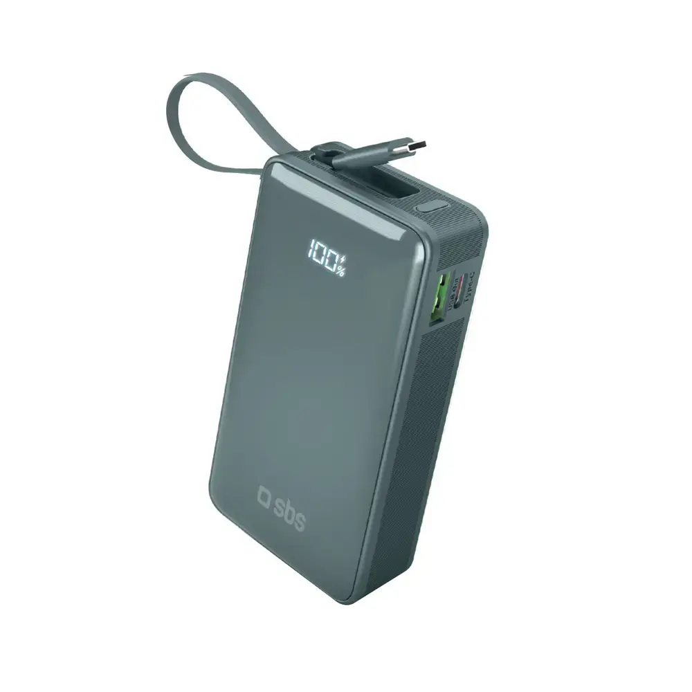 SBS ārējais akumulators (powerbank) | 10 000 mAh | 20W | USB-C | LED ekrāns | pelēks