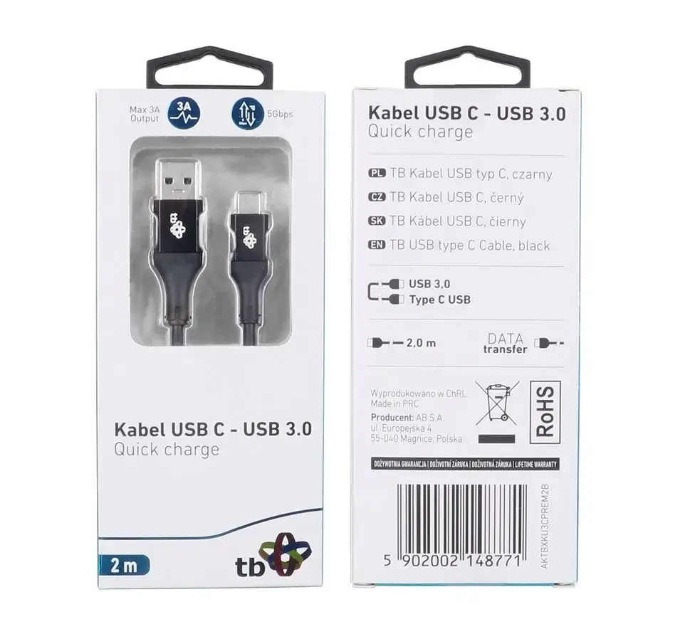 Cable USB 3.0-USB C 2m PREMIUM 3A black TPE