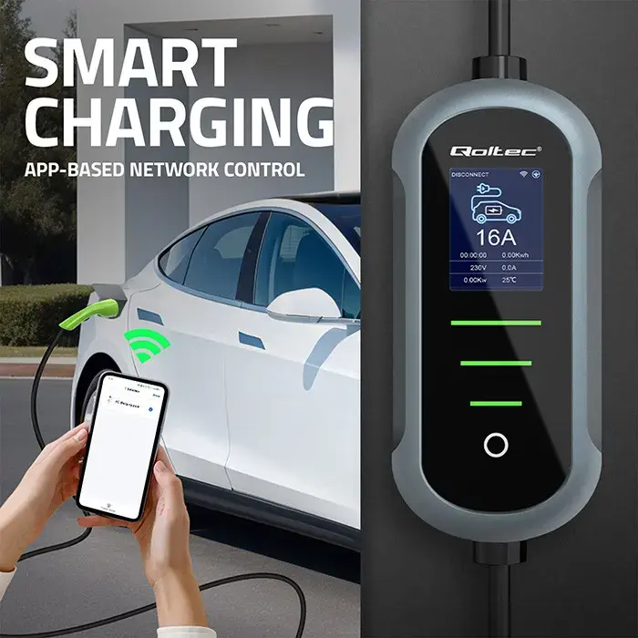 Qoltec Mobile EV Electric Car Charger with 2-in-1 Type 2 Adjustment | 11kW | 400V | CEE 32A | Wifi | TUYA | SMART LIFE | LCD | Portable | 5m
