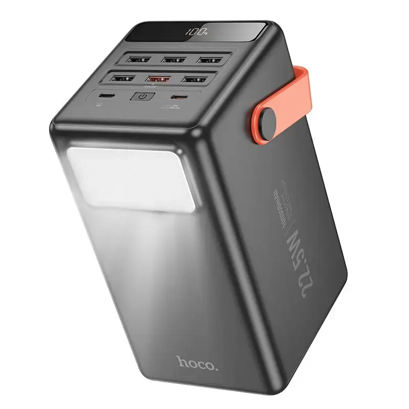 Hoco J142 ārējais akumulators (powerbank) | 100 000 mAh | 22.5W | PD, QC | USB-A, USB-C | LED lukturītis | melns
