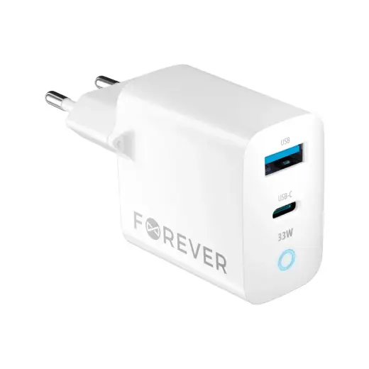 Forever TC-06-33AC travel charger | 33W | GaN, PD, QC | USB-C, USB-A | white