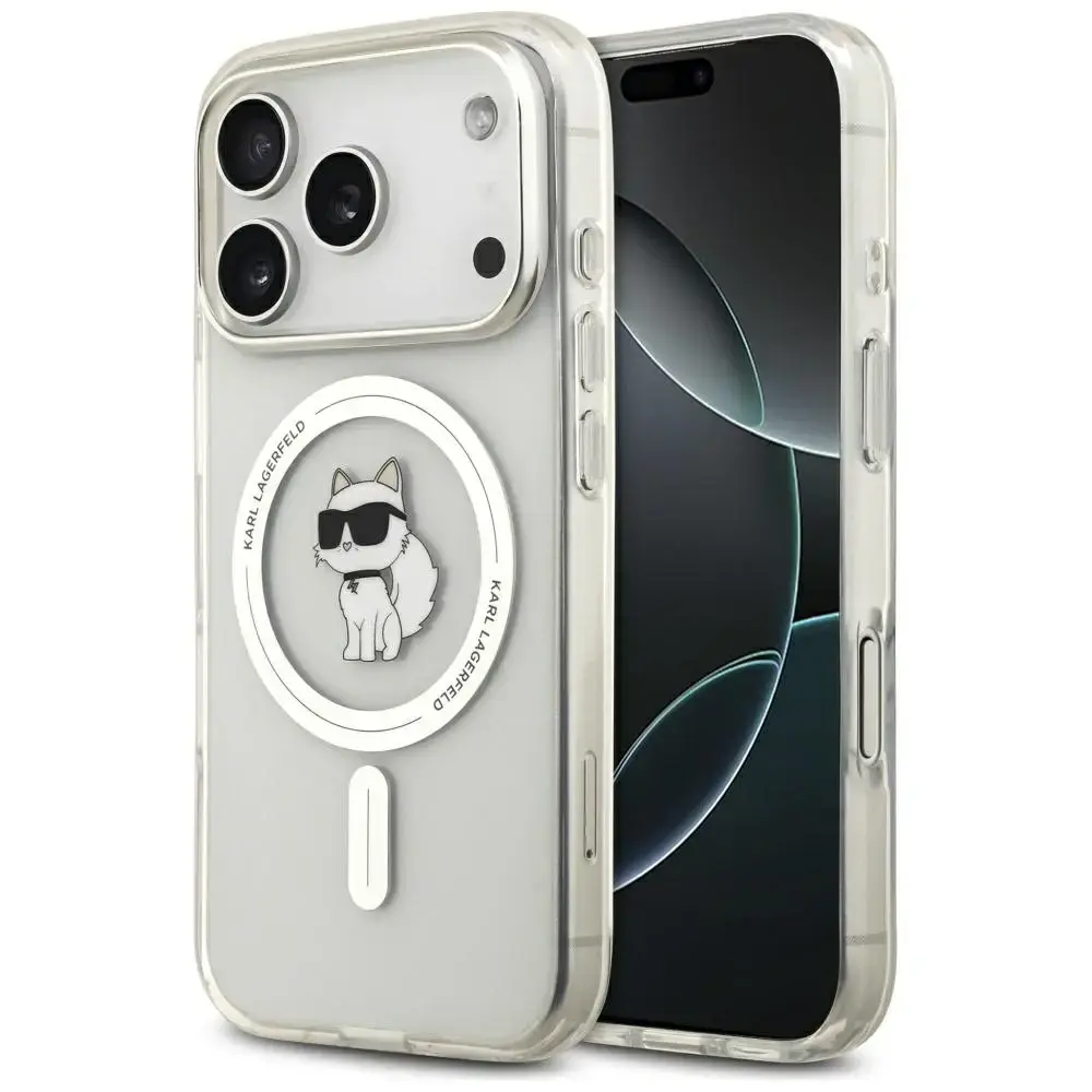 Karl Lagerfeld IML Choupette telefoniümbris MagSafe toega iPhone 17 Pro jaoks, läbipaistev