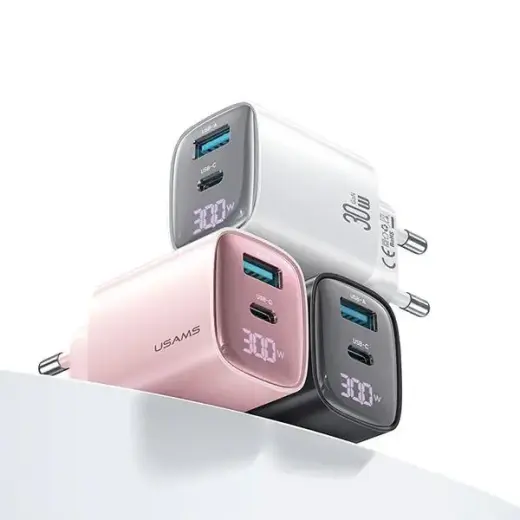 USAMS Ład. siec. CC229 30W GaN USB-C|USB-A Fast Charging XC Series różowy|pink CC229TC03