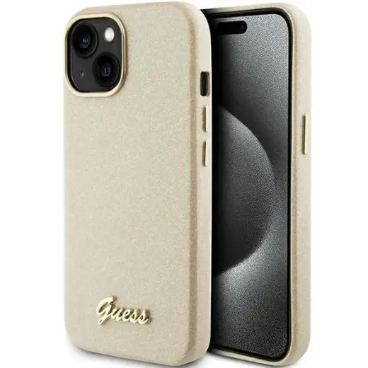 Guess GUHCP15SPGMCSD Glitter Glossy Script phone case for iPhone 15 gold
