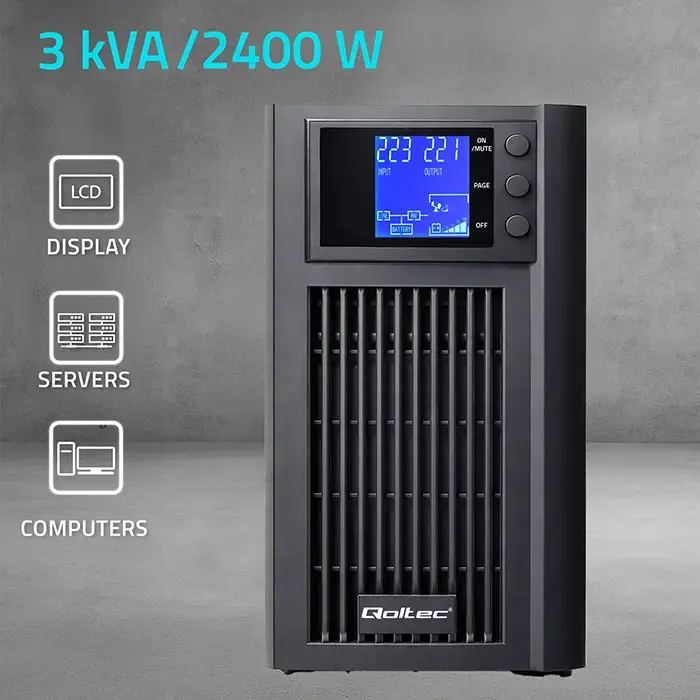 Qoltec Pure Sine Wave UPS Emergency Power Supply | 3kVA | 2400W | AVR | LCD