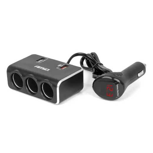 Triple extension socket charger with digital display 2x USB A QC 3.0 12/24V 120W 80cm AMIO-04364