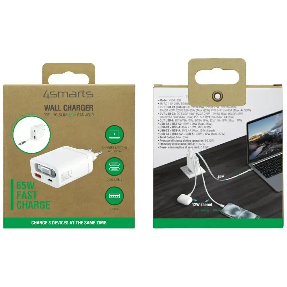 4smarts PDPlug Slim Jojo tīkla lādētājs | 65W | PD, GaN | USB-C | balts