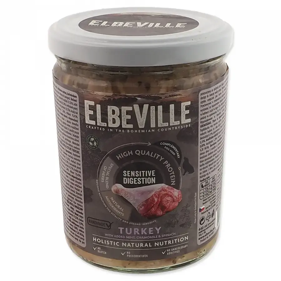 Konservi suņiem – ElbeVille Sensitive Digestion, Turkey with Mint, Chamomile and Spinach, 440 ml 