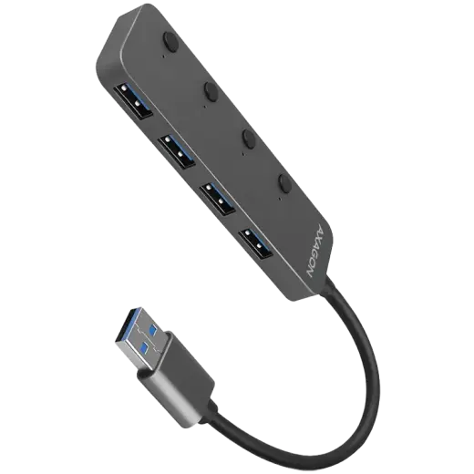 AXAGON HUE-MSA 4x USB3.2 Gen 1 SWITCH hub, metal, micro USB power IN, 20cm USB-A cable