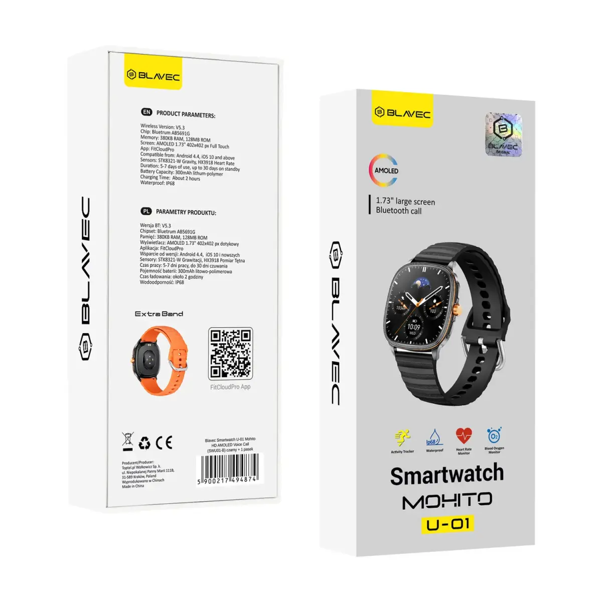 Blavec Smartwatch U-01 Mohito HD AMOLED Voice Call (SWU01-B) czarny + 1 pasek