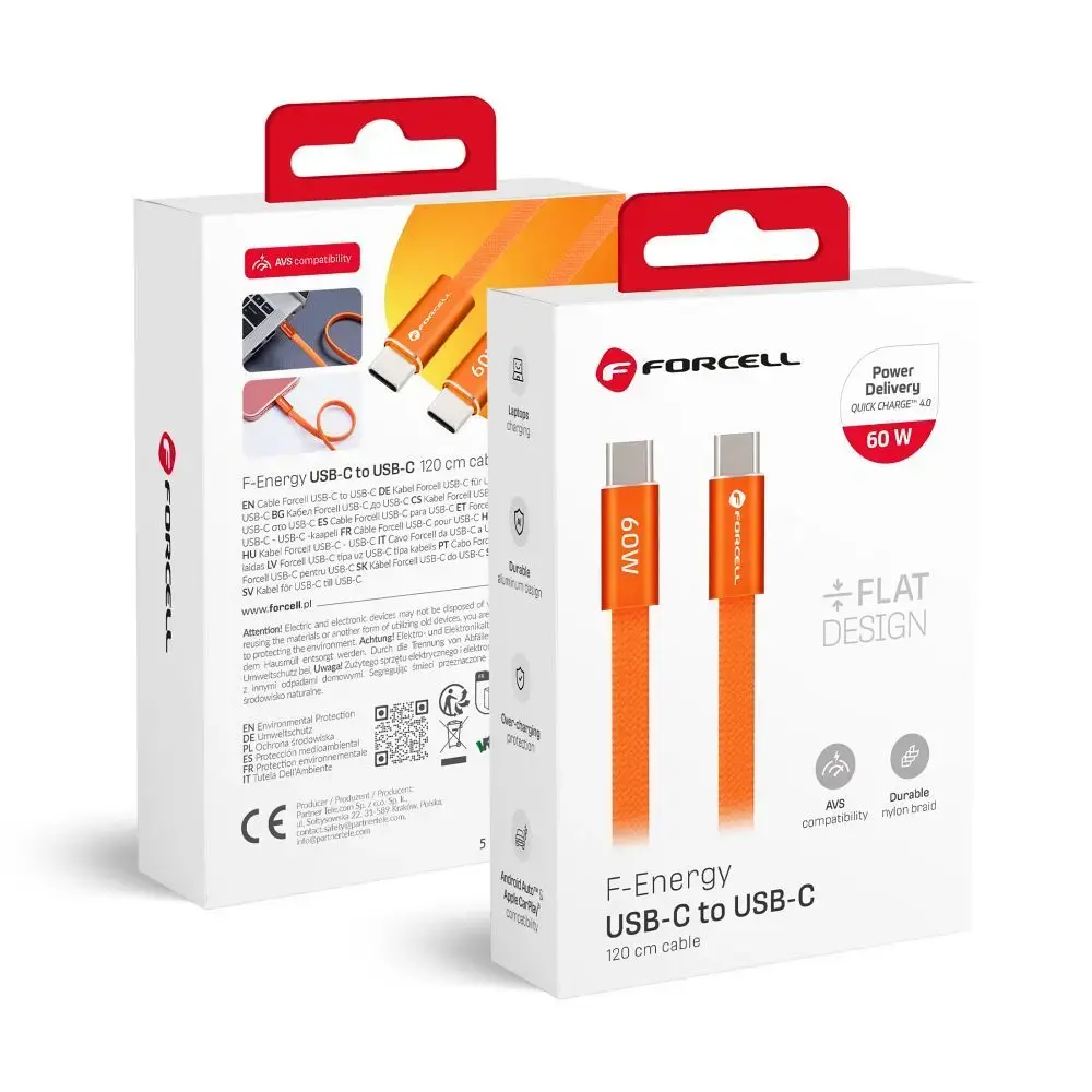 Forcell F-Energy Cafule Flat CCFN23 datu pārraides un uzlādes vads | USB-C uz USB-C | QC 4.0, PD | 60W | 1.2m | oranžs