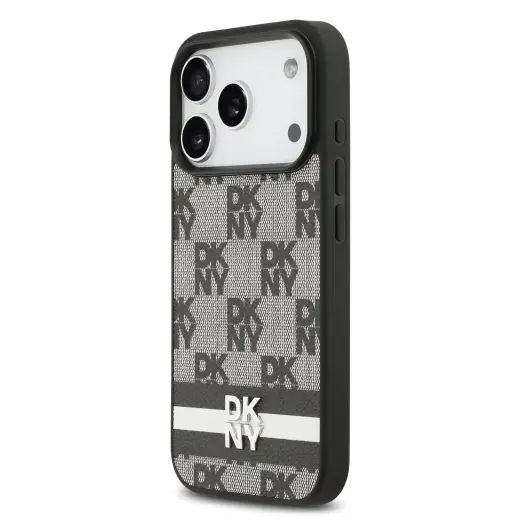 DKNY PU Leather Checkered Pattern and Stripe Case for iPhone 17 Pro Black