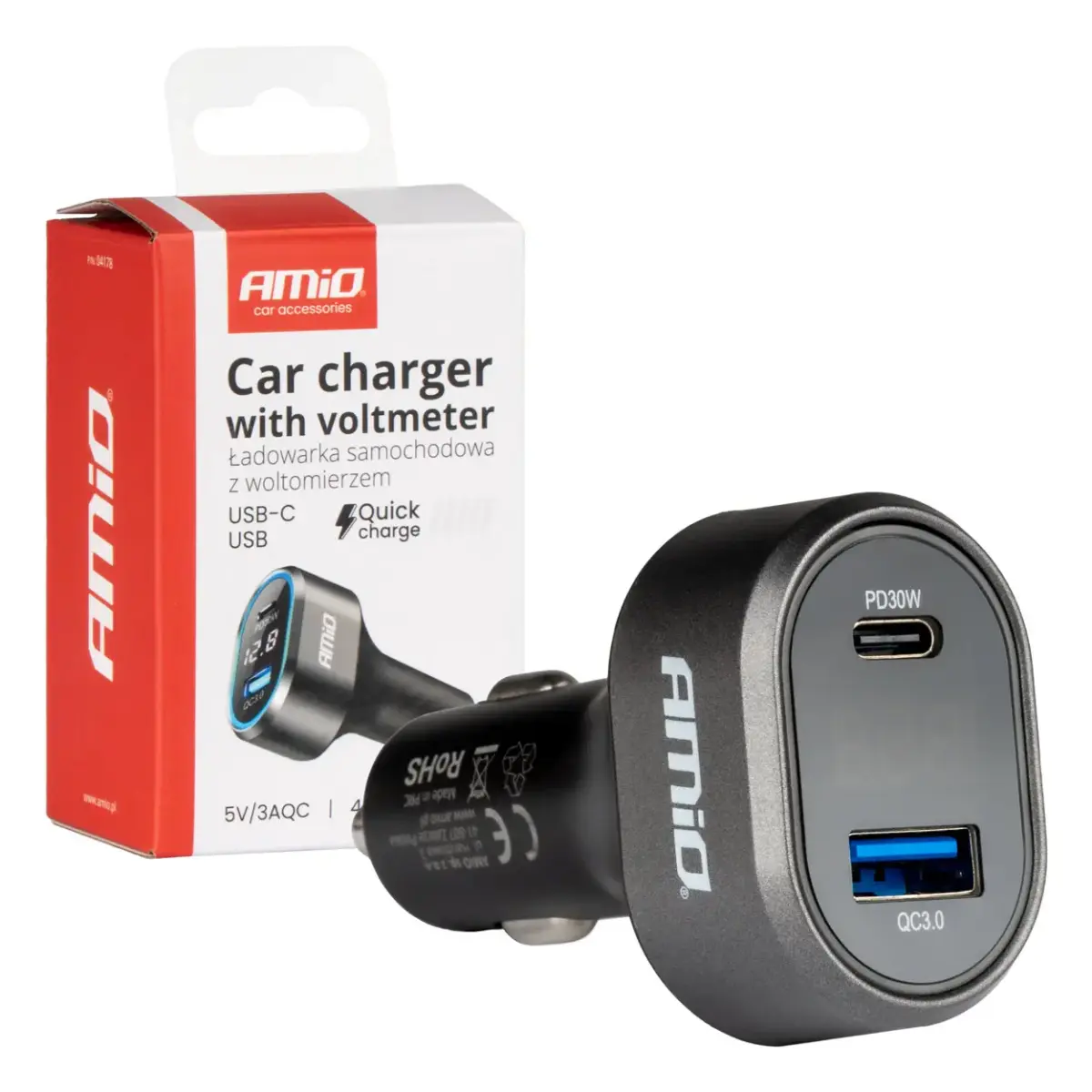 AMiO 04178 auto lādētājs | 30W | PD, QC | USB-C, USB-A | LED displejs