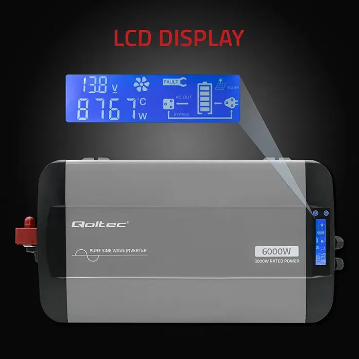 Qoltec Pure Sine Wave Inverter | 12V to 230V | 3000/6000W | LCD | USB | USC-C | Compatible with LiFePO4 GEL AGM