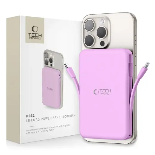 Tech-Protect PB31 LifeMag ārējais akumulators (powerbank) | 10000 mAh | 18W | USB-C, USB-A, Lightning, MagSafe | lavanda