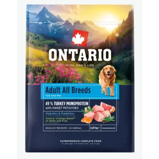 Barība suņiem – Ontario Adult All Breeds, Monoprotein, Turkey and Sweet Potatoes, 2,25 kg