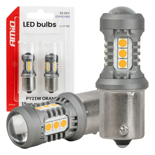LED bulbs STANDARD BAU15S PY21W 2x1860SMD 3030 15SMD Orange 12/24V AMIO-05002