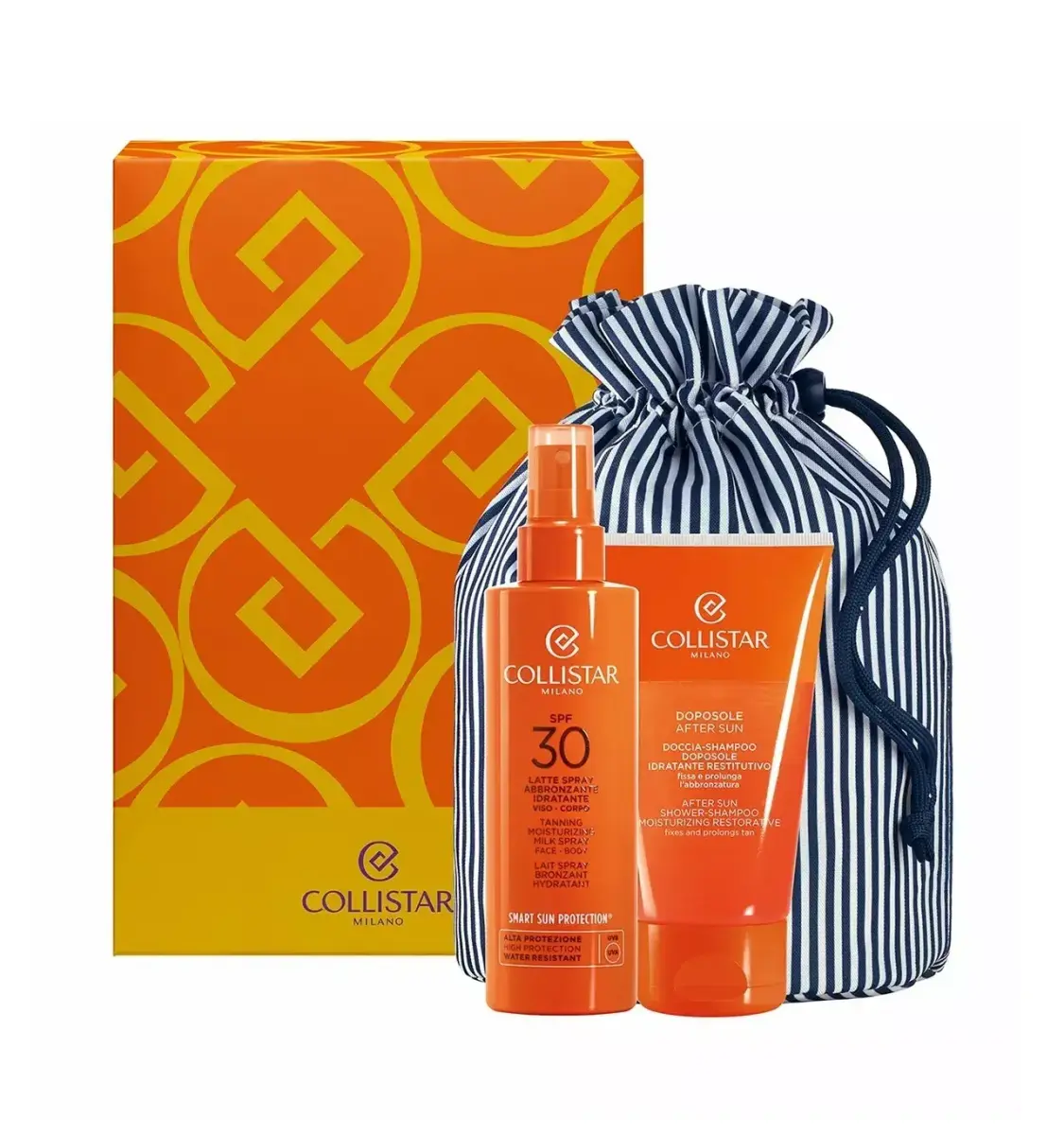 Set Collistar Moisturizing Tanning Milk Spray Spf30 200ml + After Sun Shower - Shampoo 150ml + Pouch