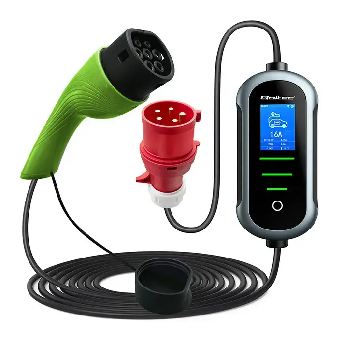 Qoltec Mobile EV Electric Car Charger with 2-in-1 Type 2 Adjustment | 11kW | 400V | CEE 32A | Wifi | TUYA | SMART LIFE | LCD | Portable | 5m