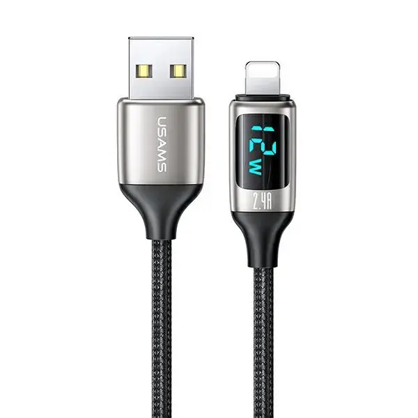 USAMS U78 SJ543USB02 datu pārraides un uzlādes vads | USB-A uz Lightning | 12W | ar LED ekrānu | 1.2m | sudrabs, melns