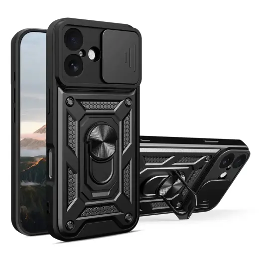 Hybrid Armor Camshield telefono dėklas su stovu iPhone 17 juodas (su kameros apsauga)