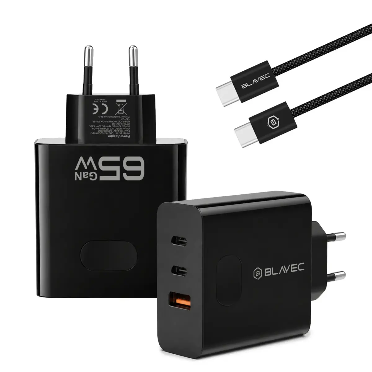 Blavec Wall charger BC-11 GaN - USB + 2xType C - QC PD 65W 3A with Type C to Type C cable (TCBC11G-U2CB653A) black