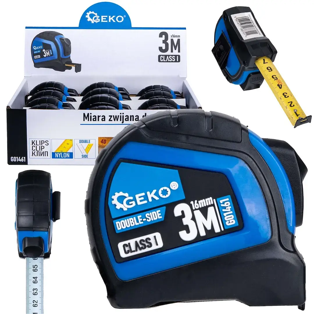 Double-sided nylon measuring tape with auto-stop 3m/16mm CLASS I – display box