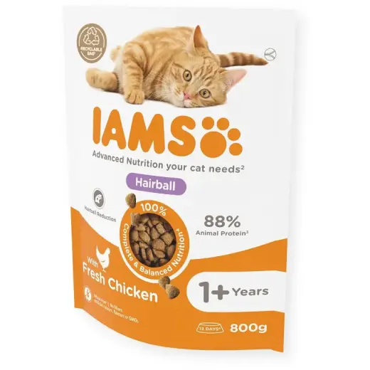 Sausā barība kaķiem - IAMS CAT ADULT HAIRBALL CHICKEN, 800 gr