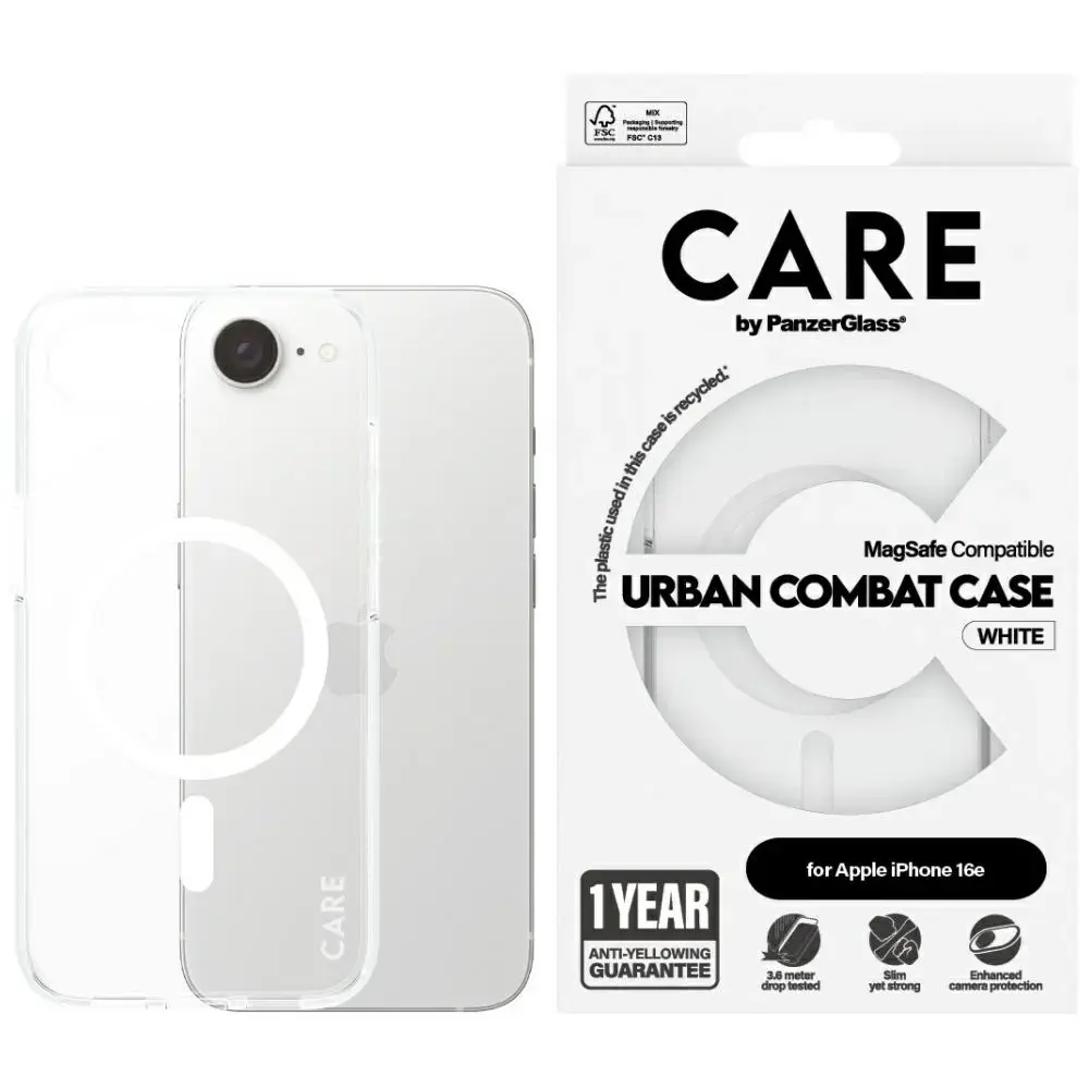CARE by PanzerGlass Flagship Urban Combat telefona maciņš priekš iPhone 16e balts ar MagSafe atbalstu