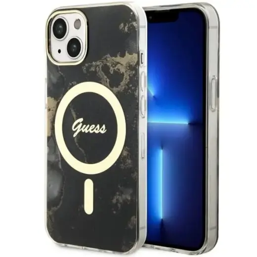 Guess GUHMP14SHTMRSK iPhone 14 6.1" black|black hardcase Golden Marble MagSafe