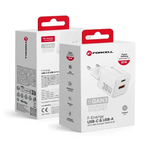 Forcell F-Energy Mini tīkla lādētājs | 30W | PD, QC, GaN | USB-C, USB-A | balts