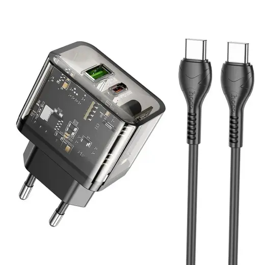 HOCO N34 reisilaadija | 20W | PD, QC, PPS | USB-C, USB-A | USB-C kuni USB-C kaabliga komplektis | läbipaistev