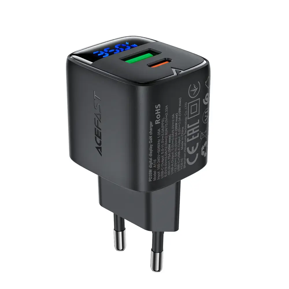Зарядное устройство Acefast A116 | 35W | PD, GaN | USB-A, USB-C | чёрное