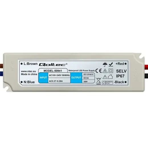 Qoltec LED Driver IP67 36W | 12V | 3A | Waterproof | White
