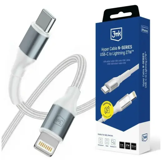 3MK Hyper N-SERIES duomenų perdavimo ir įkrovimo laidas | USB-C į Lightning | PD 3.0 | 27W | 3m | baltas