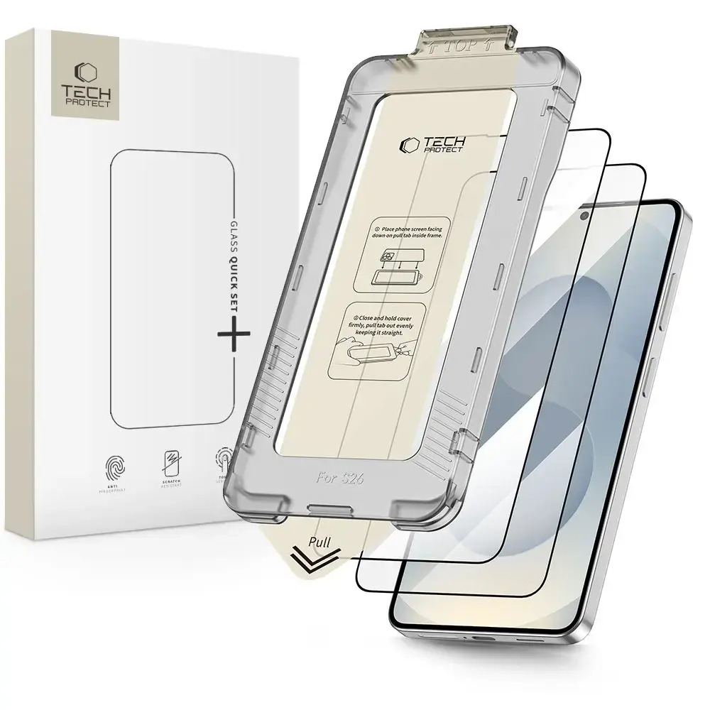 Tech-Protect Quick Set+ aizsargstikls telefona ekrānam Galaxy S26 ar uzstādīšanas rāmi (2 gab.)