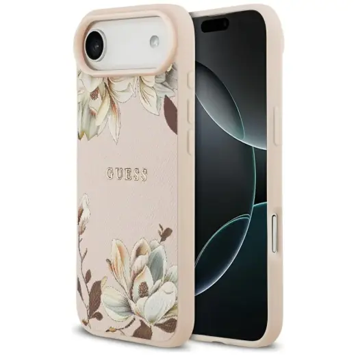 Guess Grained Flowers Classic Logo чехол с поддержкой MagSafe для телефона iPhone 17 Air розовый