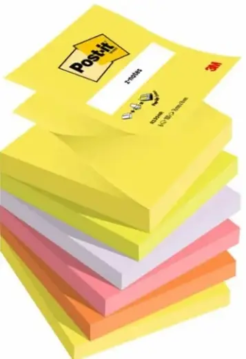 Post-it® Z-Notes, dažādas neona krāsas, 76 mm x 76 mm, 6 bloki/iepakojums