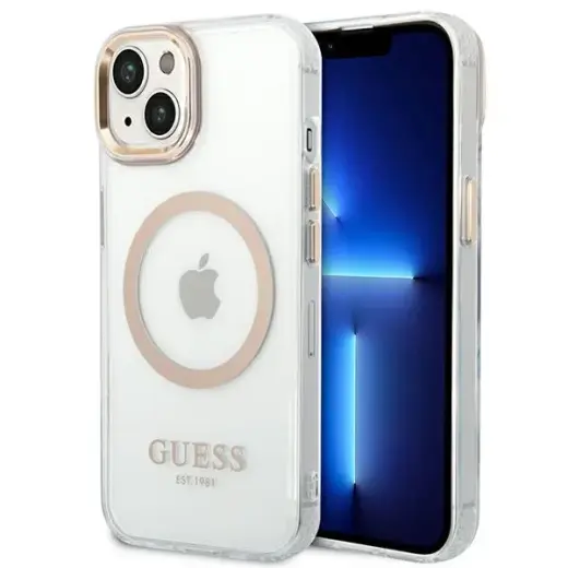 Guess Transparent чехол с поддержкой MagSafe для телефона iPhone 14 Plus прозрачный золотой