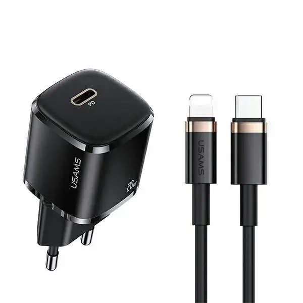 USAMS T36 tīkla lādētājs | 20W | USB-C, Lightning | Lightning vads komplektā | melns