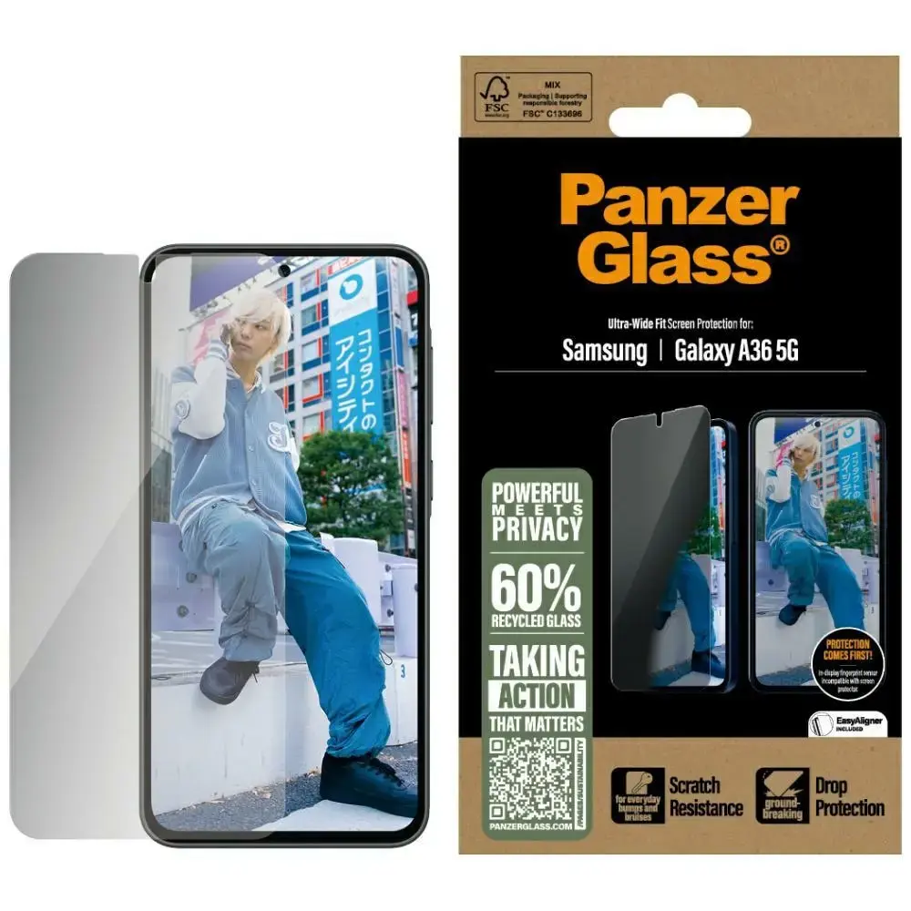 PanzerGlass Ultra-Wide Fit aizsargstikls telefonam Samsung Galaxy A36 5G (privātuma efekts)